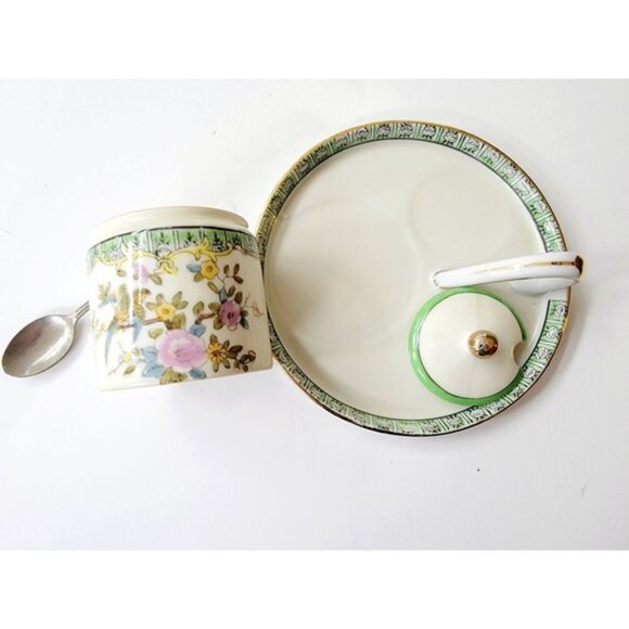 Antique Noritake Morimura Hand Painted Sugar Bowl Plate Cover Spoon Japan - Picture 5 of 5